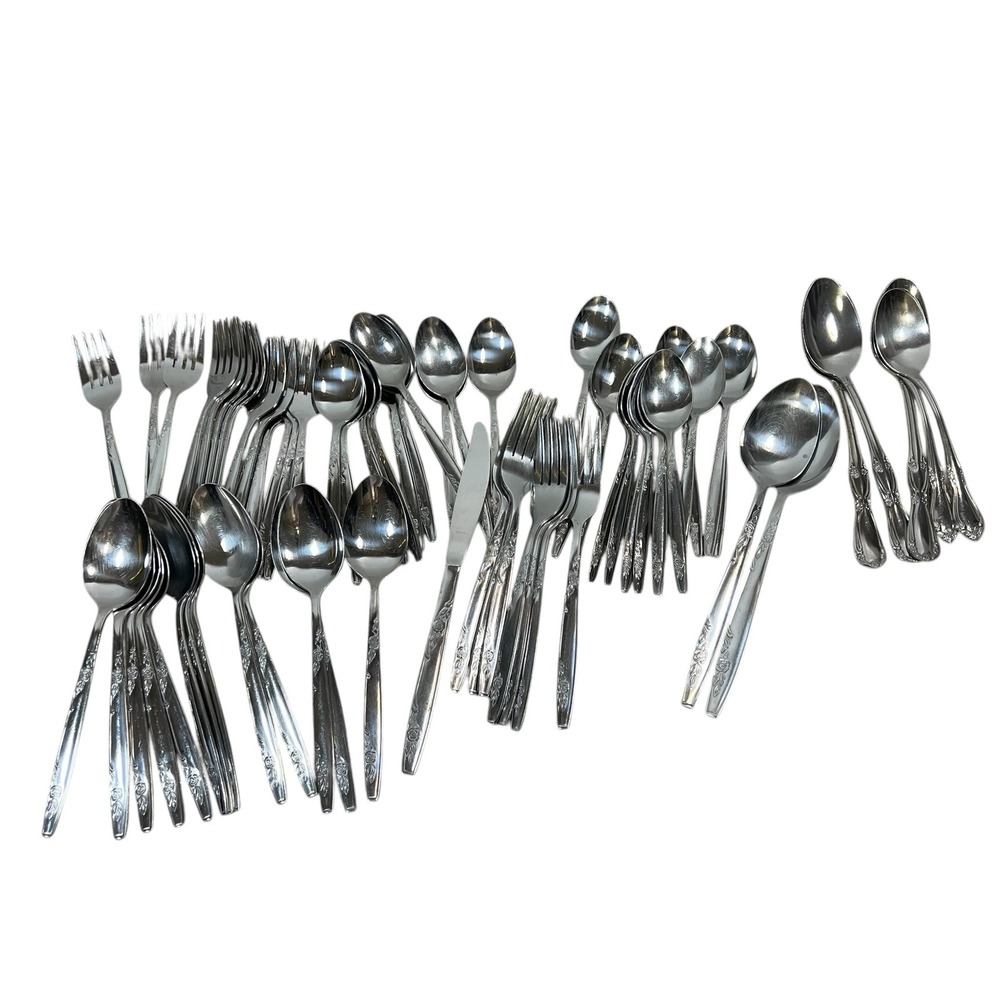 ICC Stainless Korea Flatware Set Rose Pattern Vintage Silverware 53 Pieces